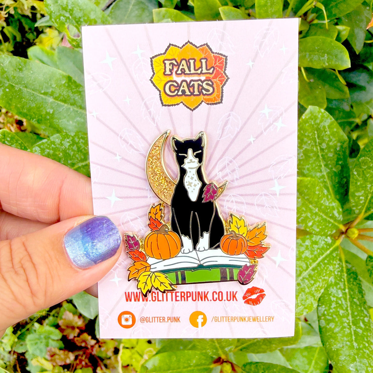 Fall Book Cat Enamel Pin in Tuxedo