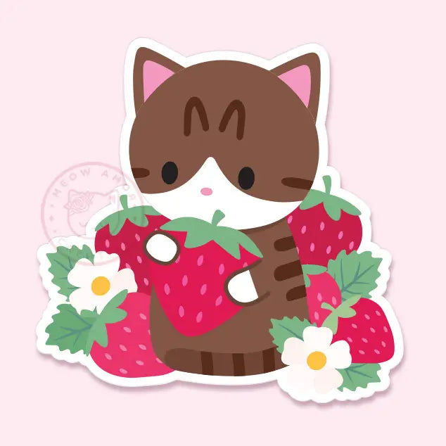 Brown Tabby Strawberry Cat Vinyl Sticker