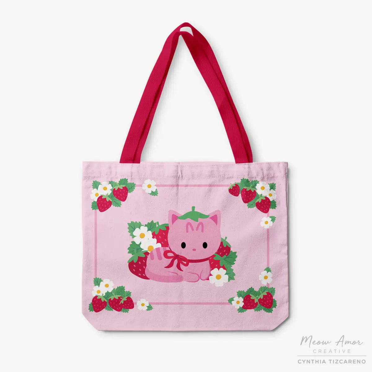 Strawberry Cat Canvas Zipper Tote Bag
