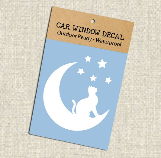 Cat Moon Celestial White Vinyl Car Window Sticker
