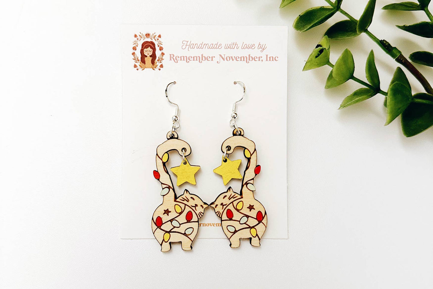 Cat Butt Christmas Earrings, Handmade, Birch Wood : Silver Hooks