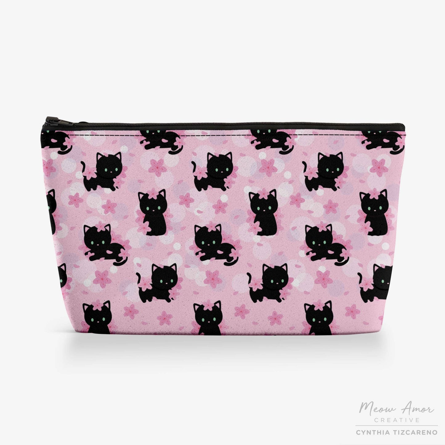 Cherry Blossom Black Cat Canvas Zipper Bag