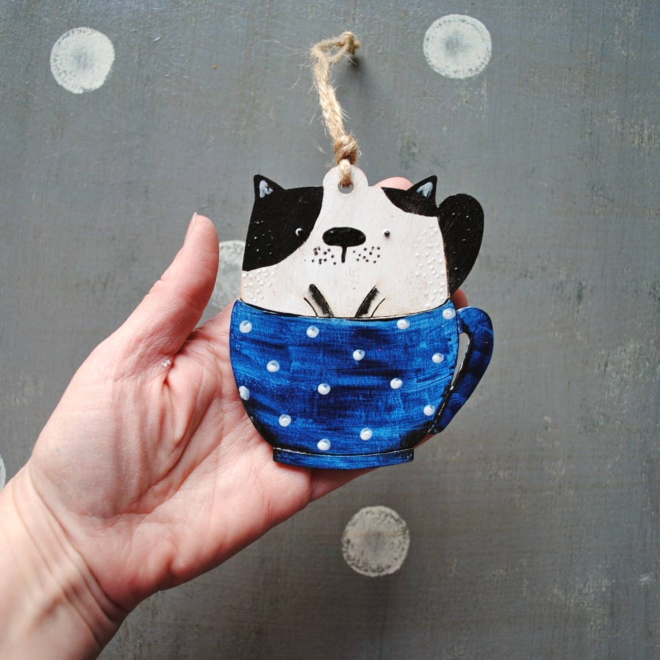 Black and White Cat In Cup Ornament