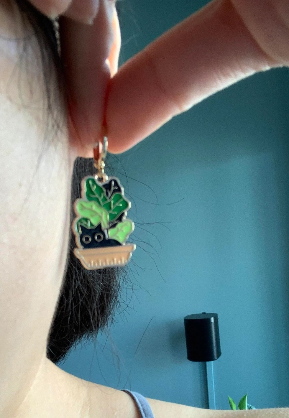 Cat and Plant Huggie Earrings