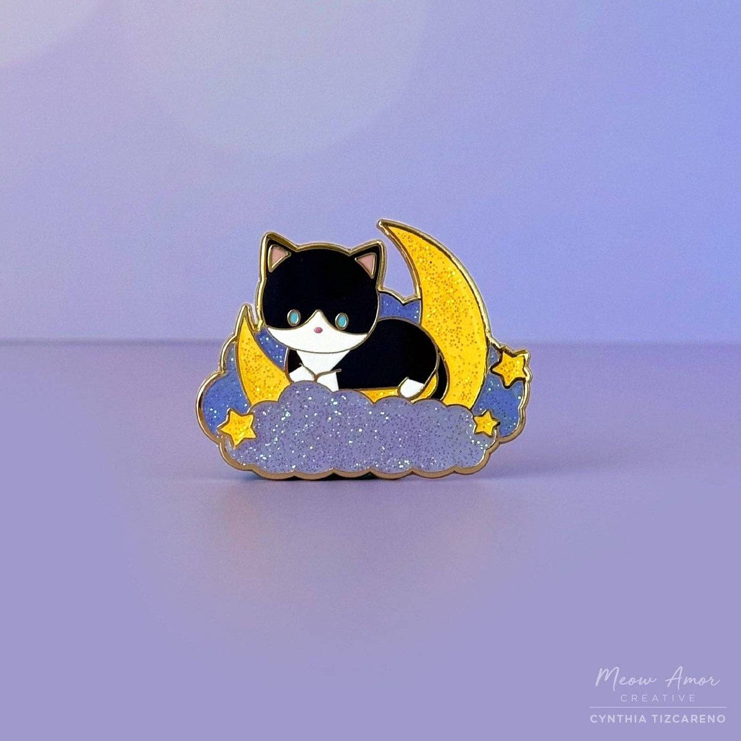 Dreamy Moon Tuxedo Cat Glitter Enamel Pin