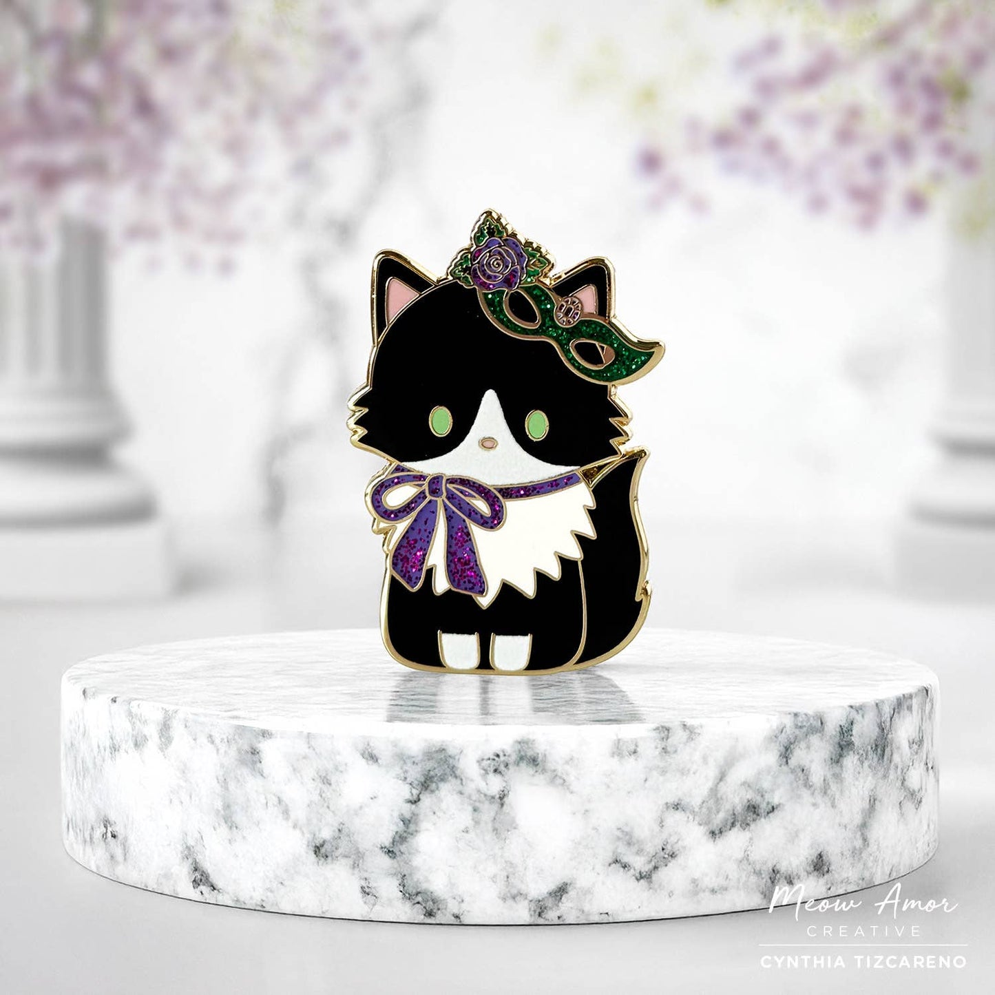 Masquerade Tuxedo Cat Glitter Enamel Pin