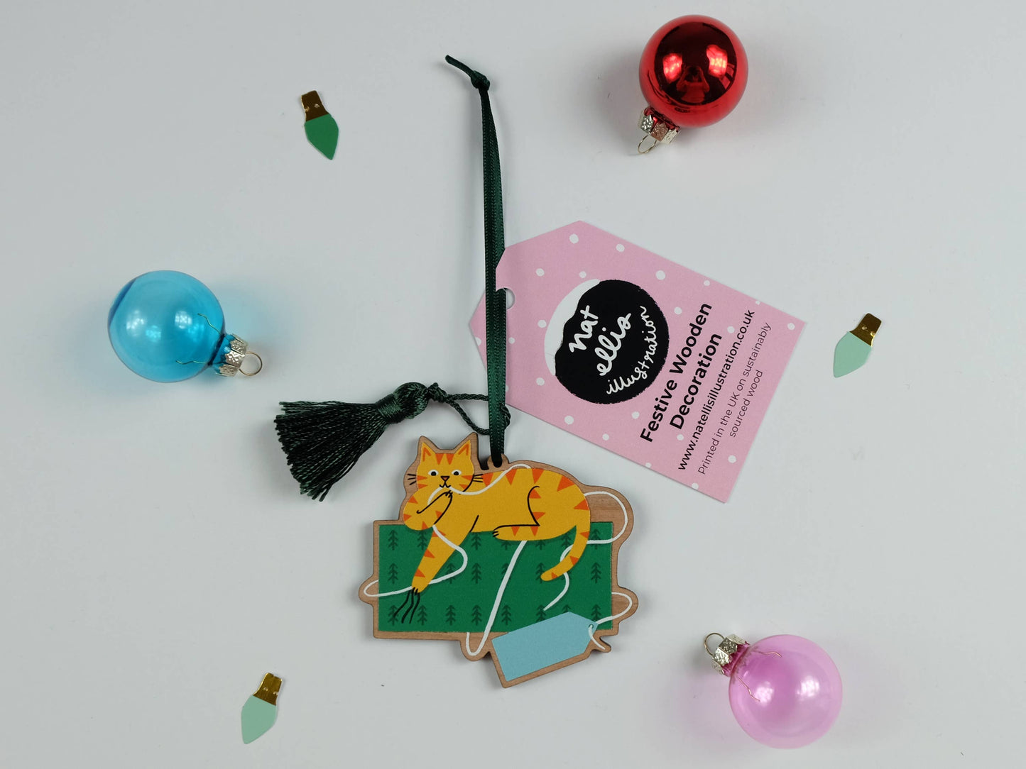 Playing With Gift Wrap - Wooden Cat Ornament