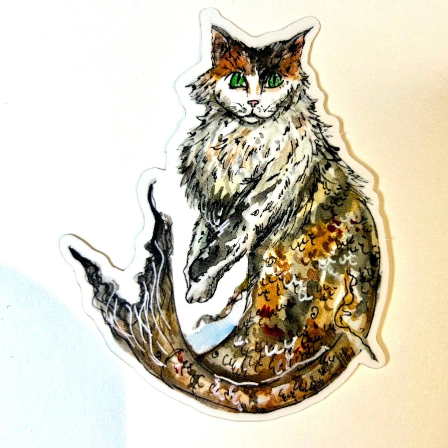 Calico Cat Mermaid Vinyl Sticker