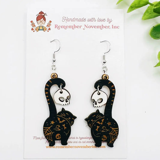Black Cat with Skull Dangle Earrings