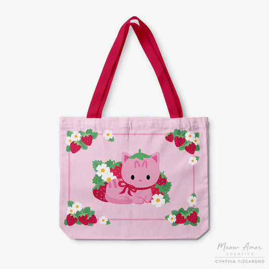 Strawberry Cat Canvas Zipper Tote Bag