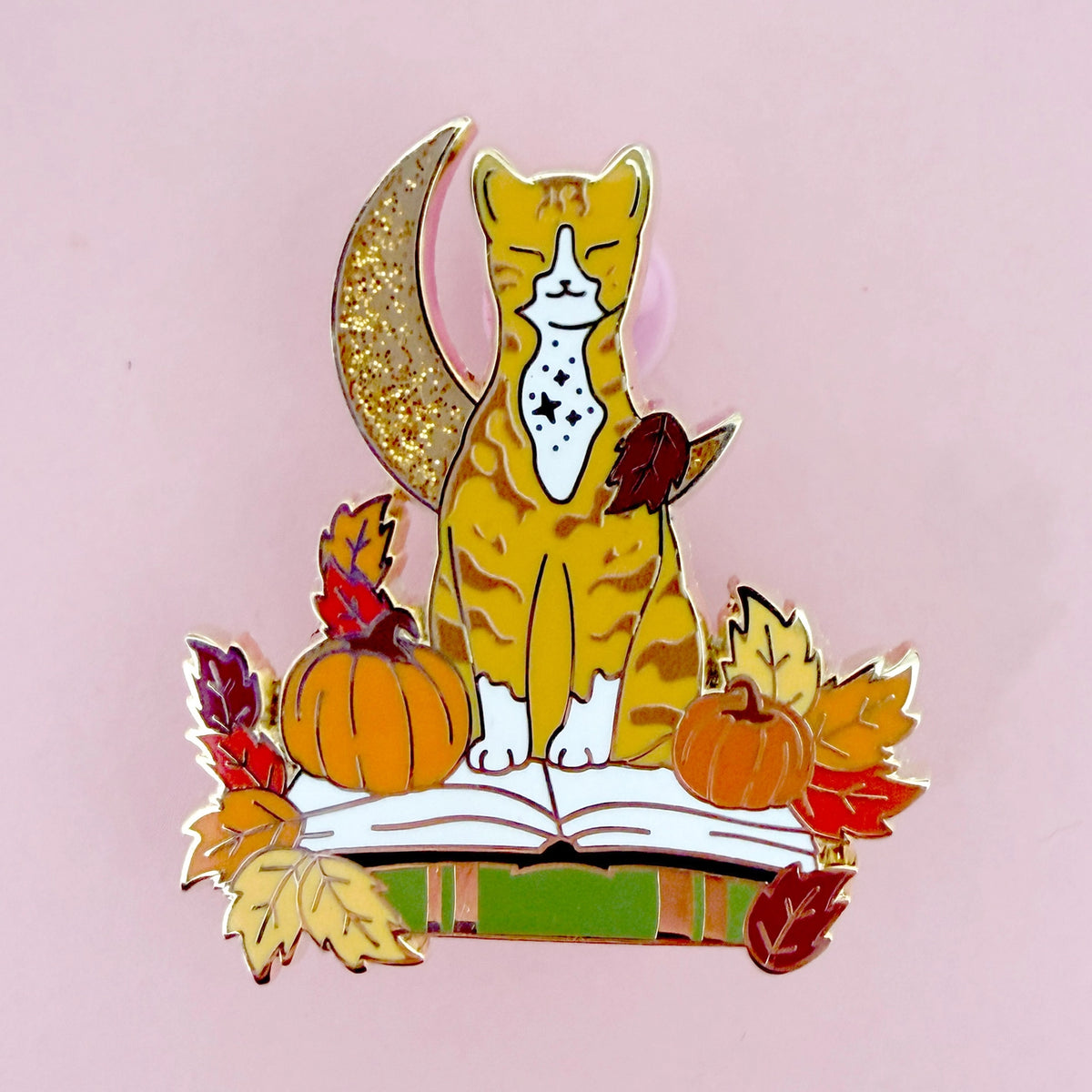 Fall Book Cat Enamel Pin in Ginger