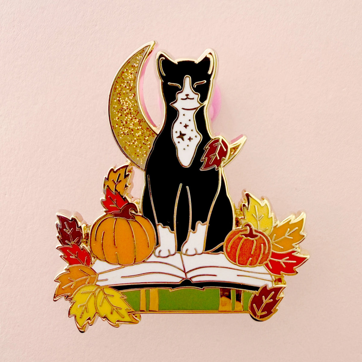 Fall Book Cat Enamel Pin in Tuxedo