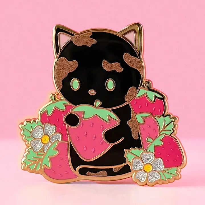 Tortie Cat Strawberry Field Glitter Enamel Pin