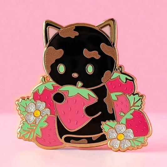 Tortie Cat Strawberry Field Glitter Enamel Pin