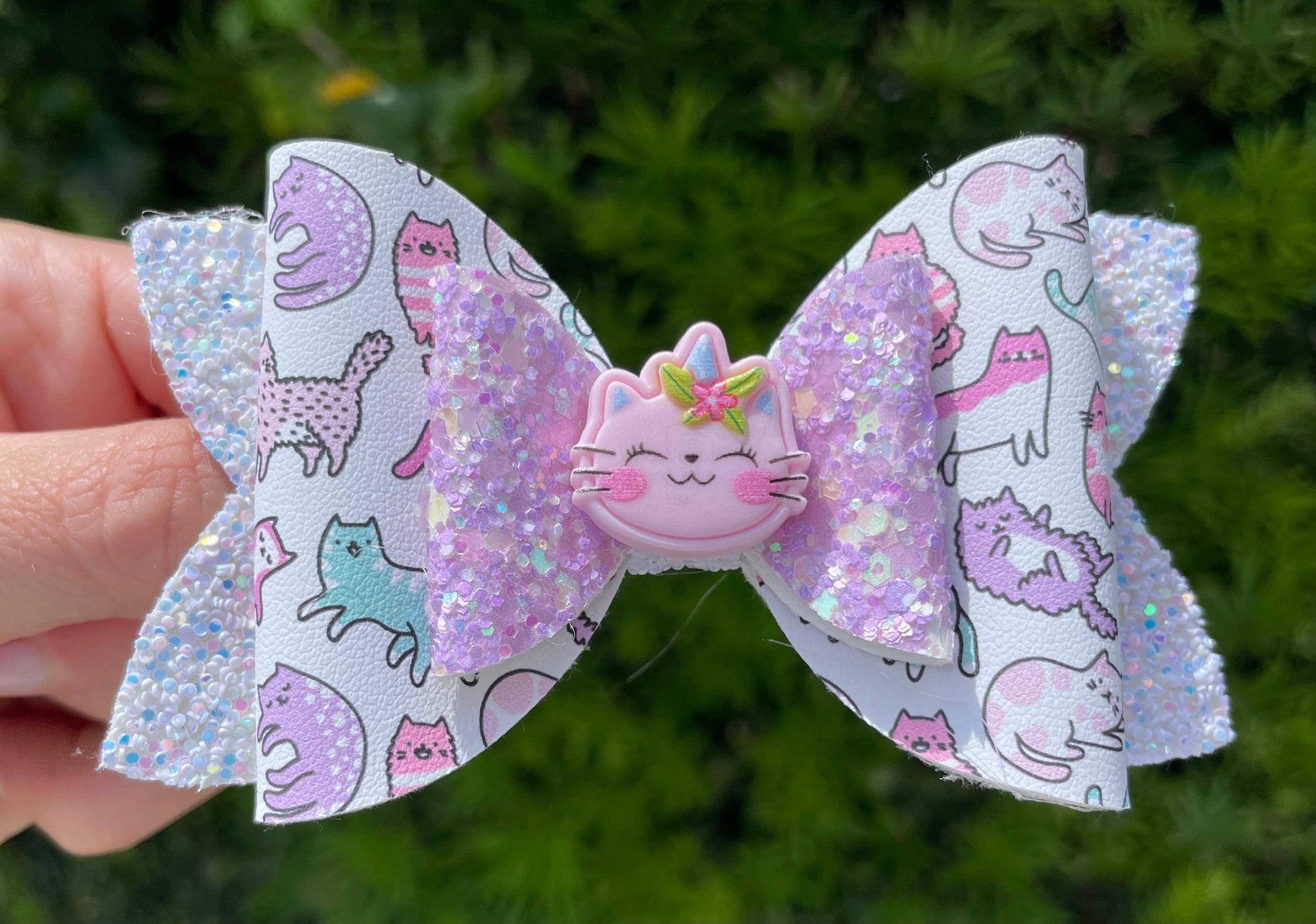 Cat Hair Bow – Vegan Leather 4” Kids Hair Clip w/ Cat Charm