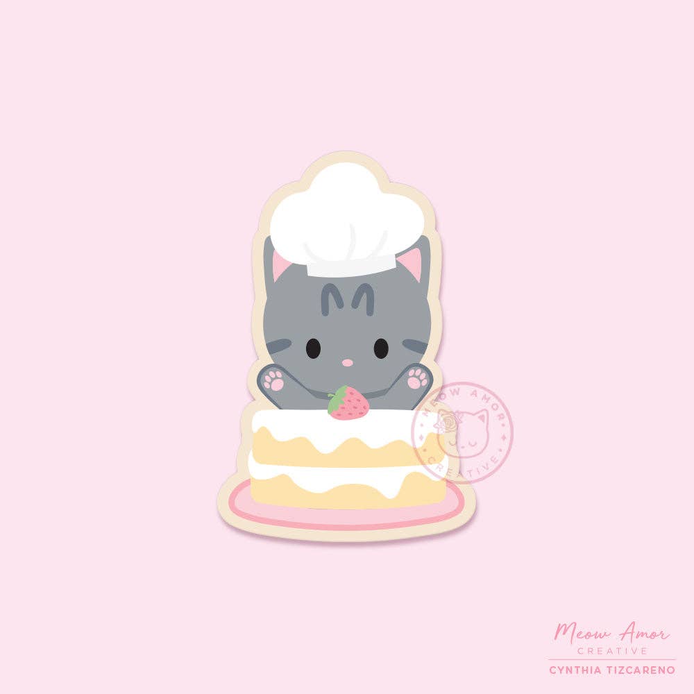 Tabby Cat Strawberry Cake Vinyl Sticker