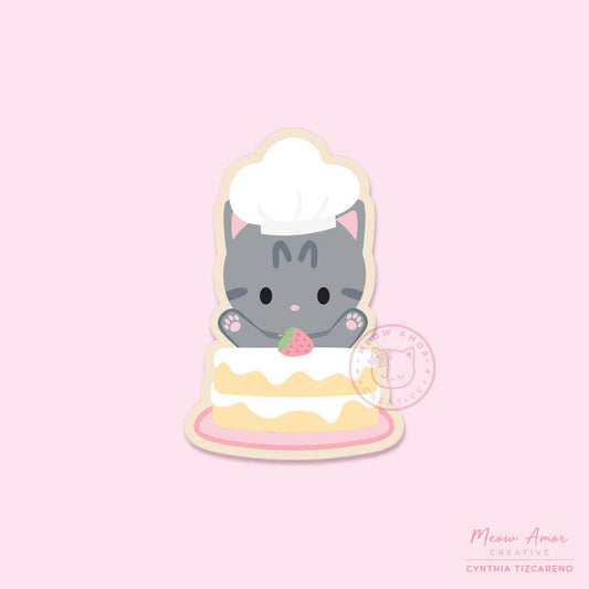 Tabby Cat Strawberry Cake Vinyl Sticker