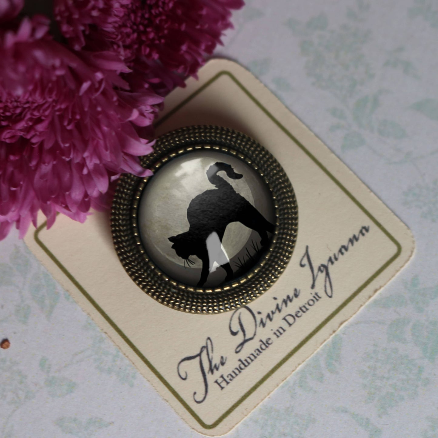 Grey Cat on Blue Moon Brooch