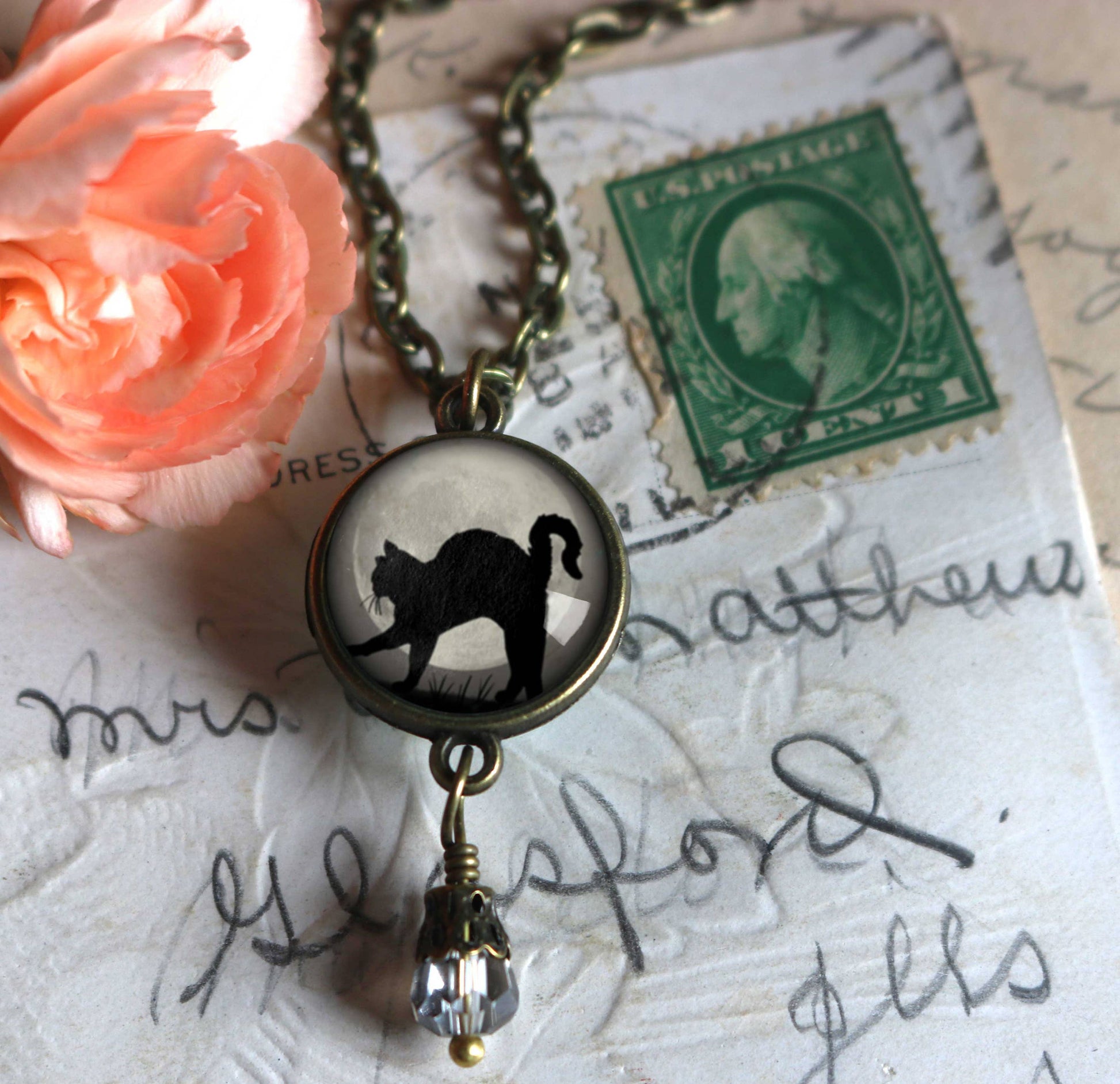 Black Cat on Grey Moon Goth Halloween Necklace w/ Bead