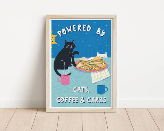 Powered By Coffee, Carbs & Cats  – A4 Heavyweight Art Print