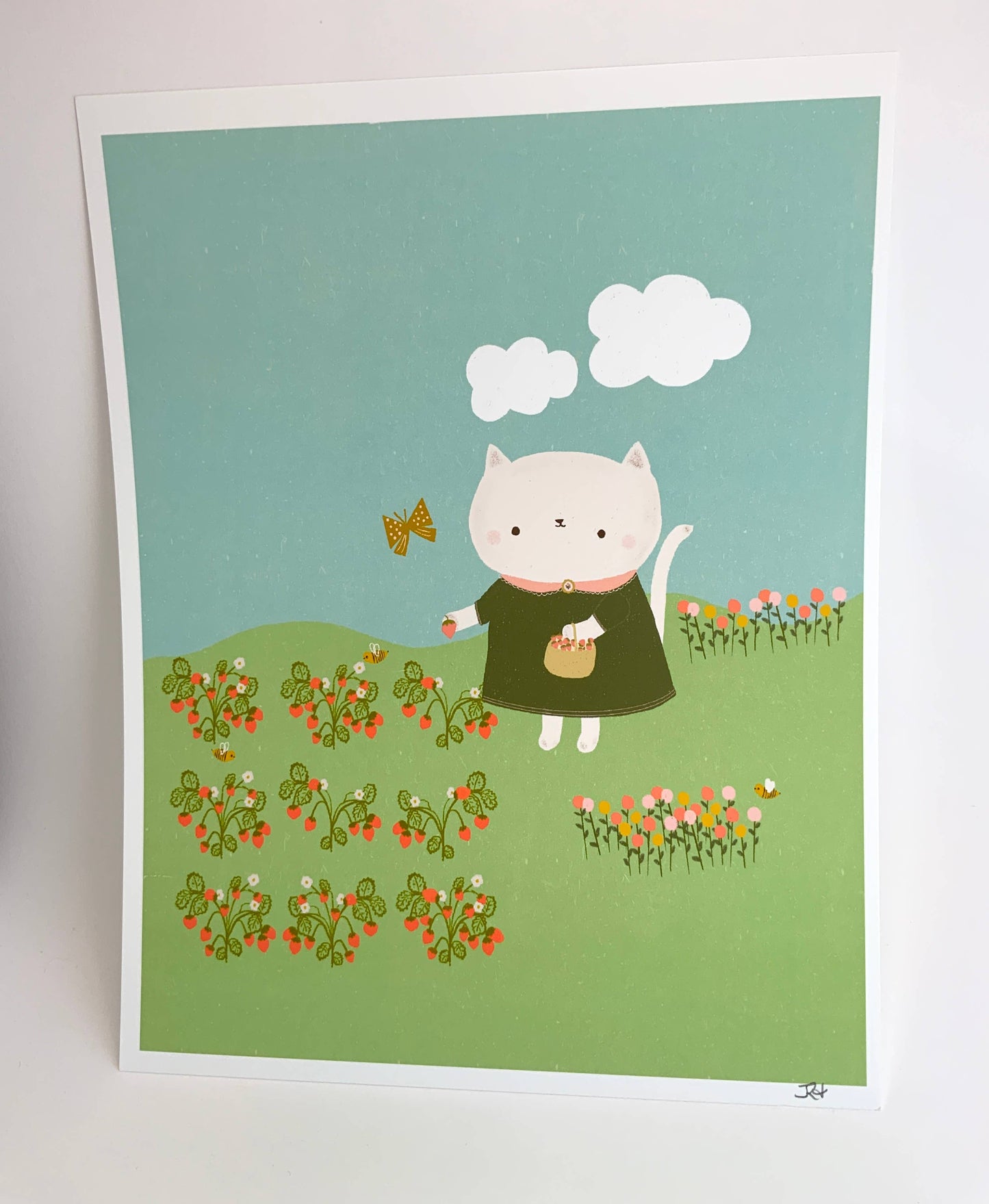 Kitty Goes Strawberry Picking Art Print