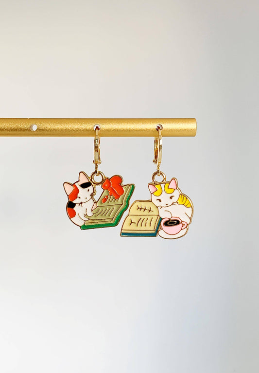 Unique Reading Cat Huggie Hoop Earrings