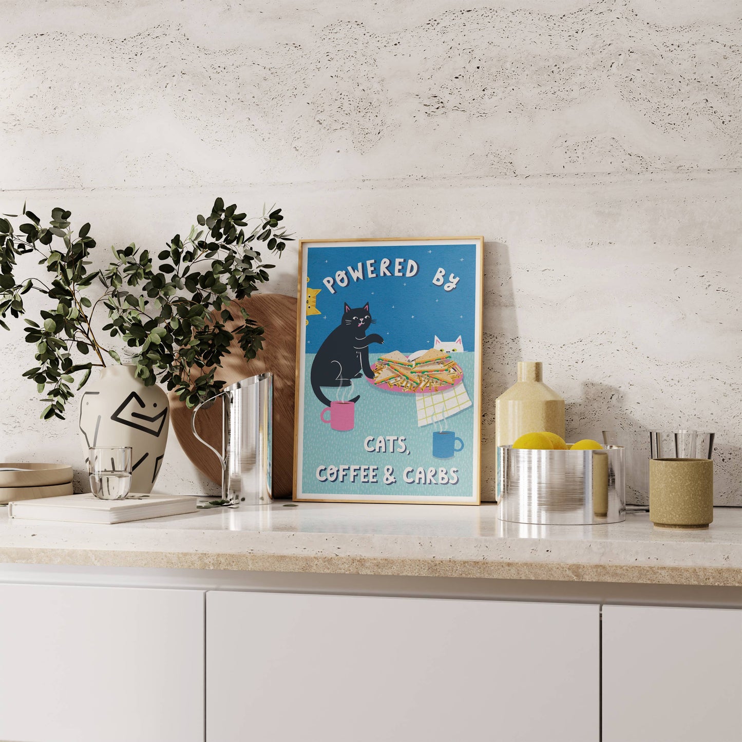 Powered By Coffee, Carbs & Cats  – A4 Heavyweight Art Print