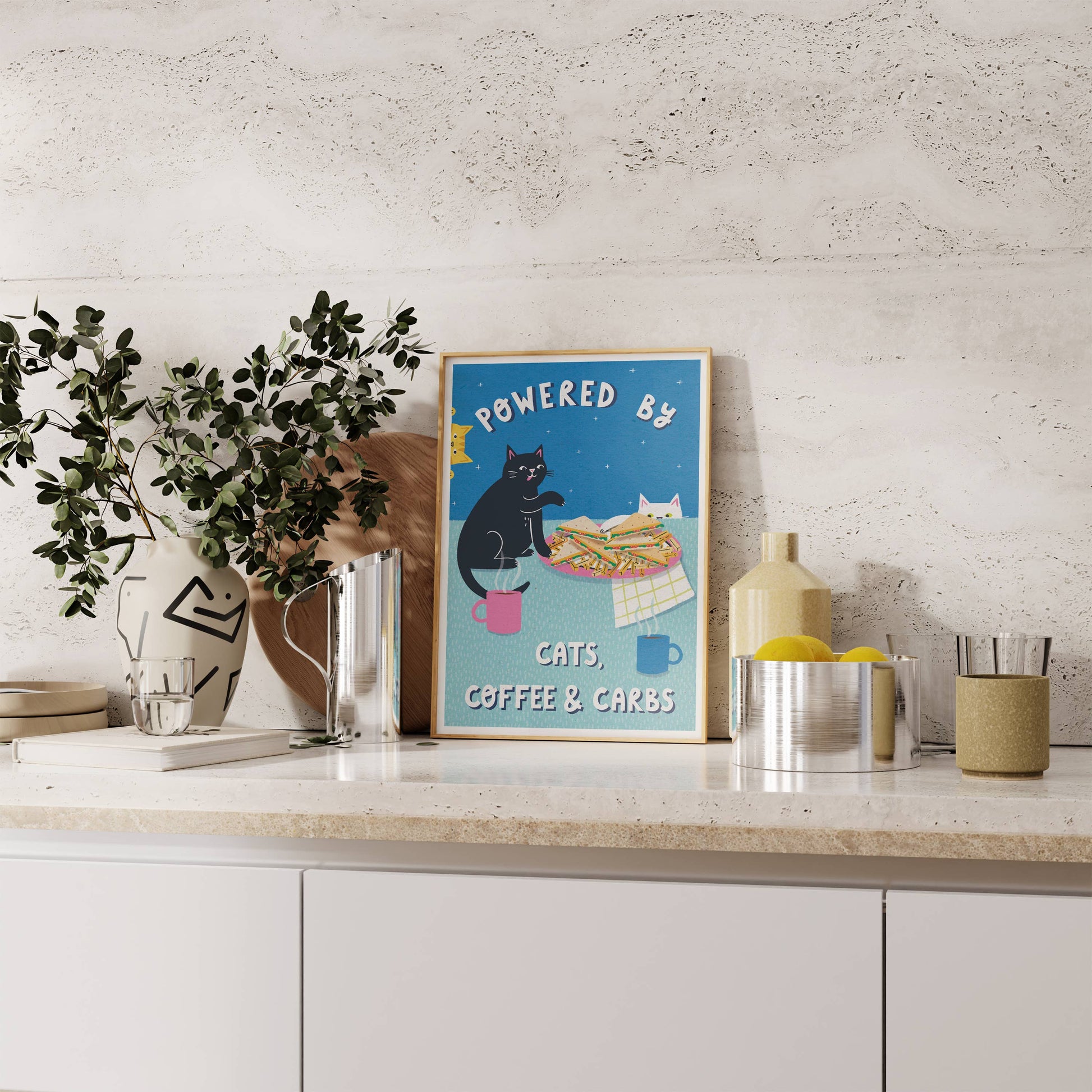 Powered By Coffee, Carbs & Cats  – A4 Heavyweight Art Print