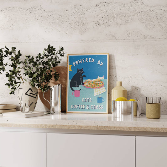 Powered By Coffee, Carbs & Cats  – A4 Heavyweight Art Print