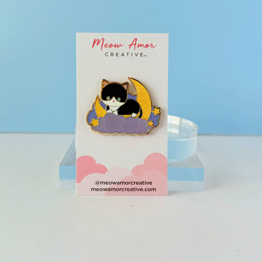 Dreamy Moon Tuxedo Cat Glitter Enamel Pin