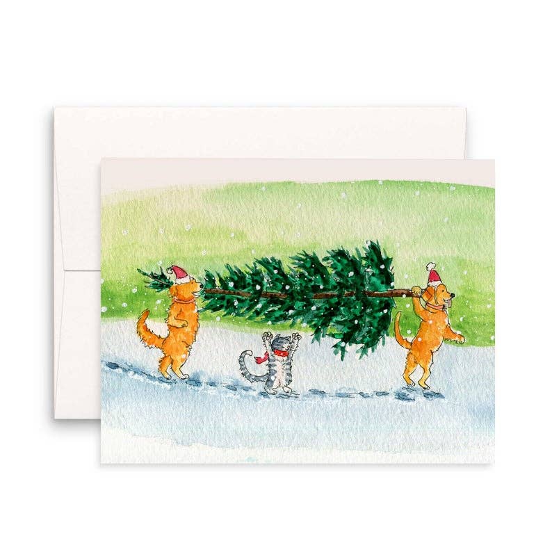 Cat Dog and Tree Christmas Card
