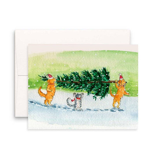 Cat Dog and Tree Christmas Card