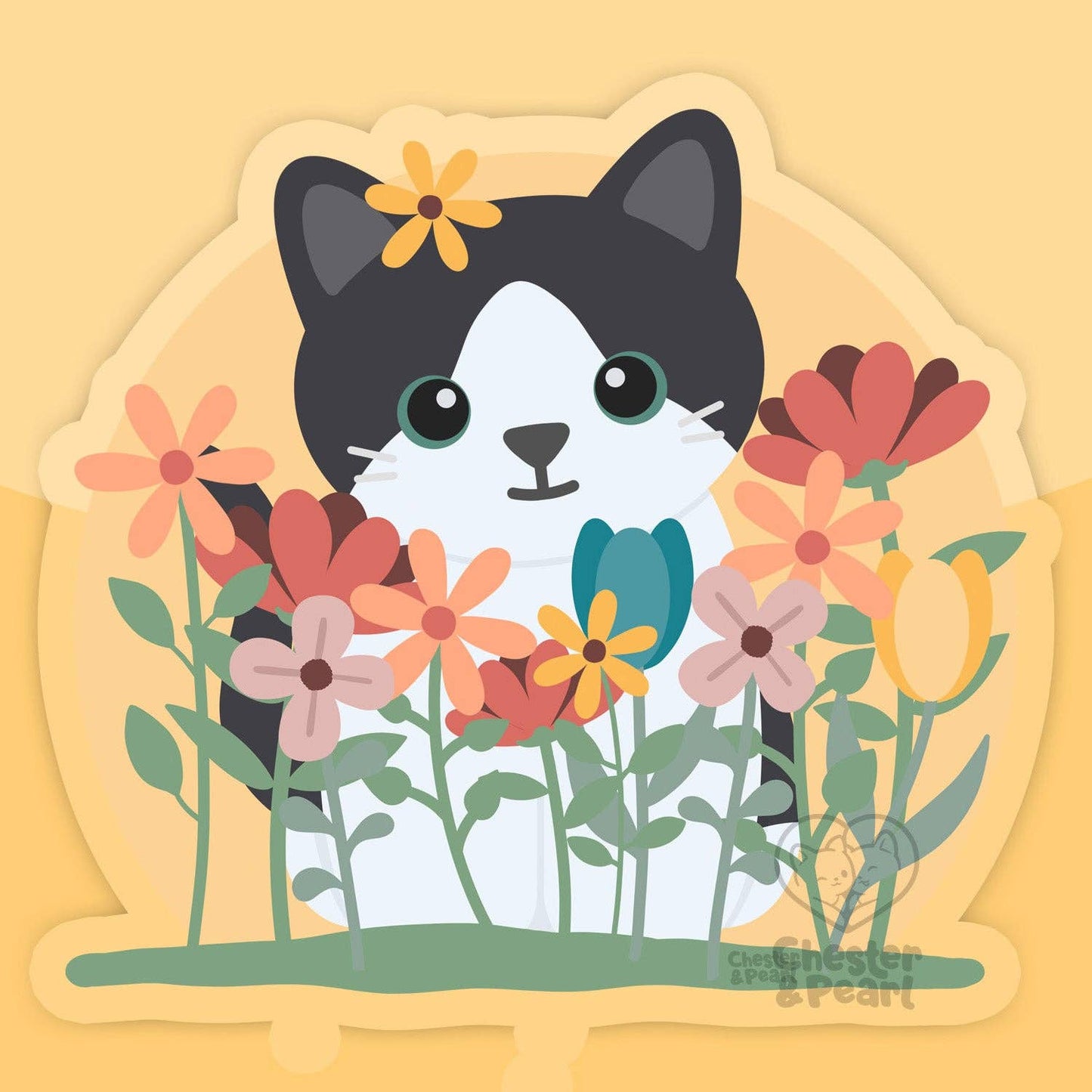 Wildflower Field Cat Clear Vinyl Sticker