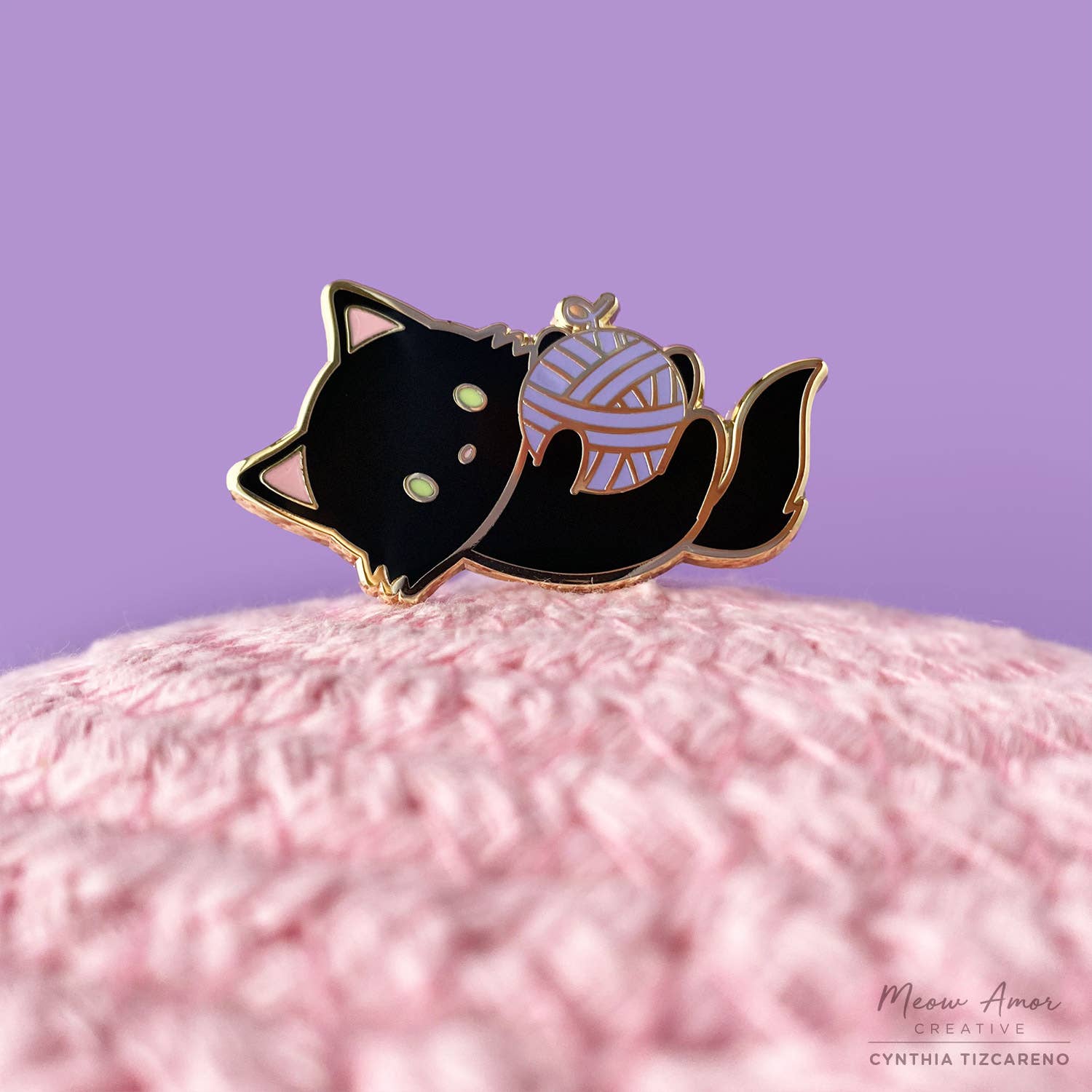 Playful Black Cat Yarn Ball Enamel Pin