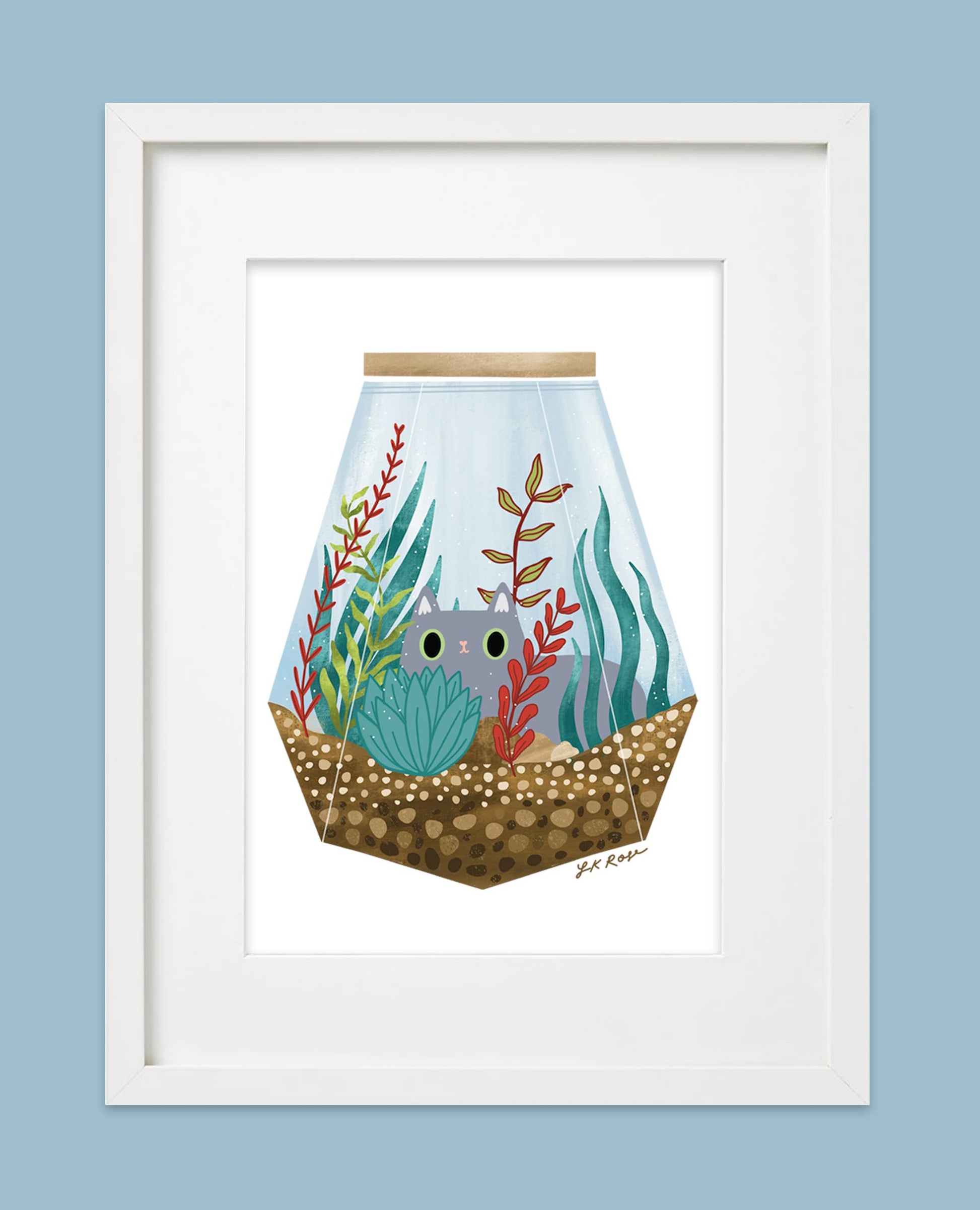 Grey Cat & Plants Art Print