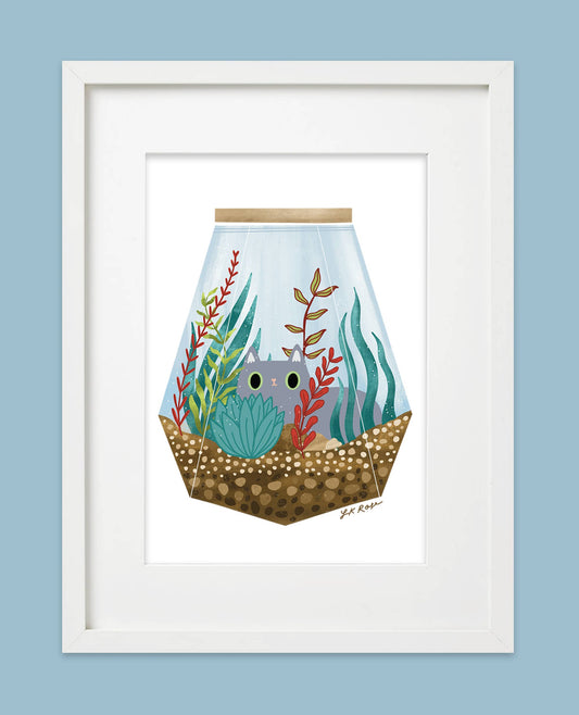Grey Cat & Plants Art Print