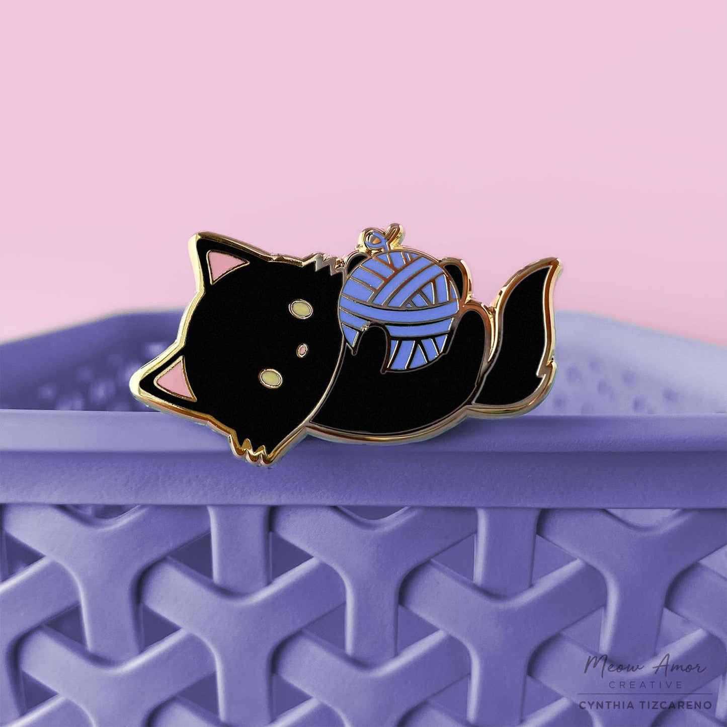 Playful Black Cat Yarn Ball Enamel Pin