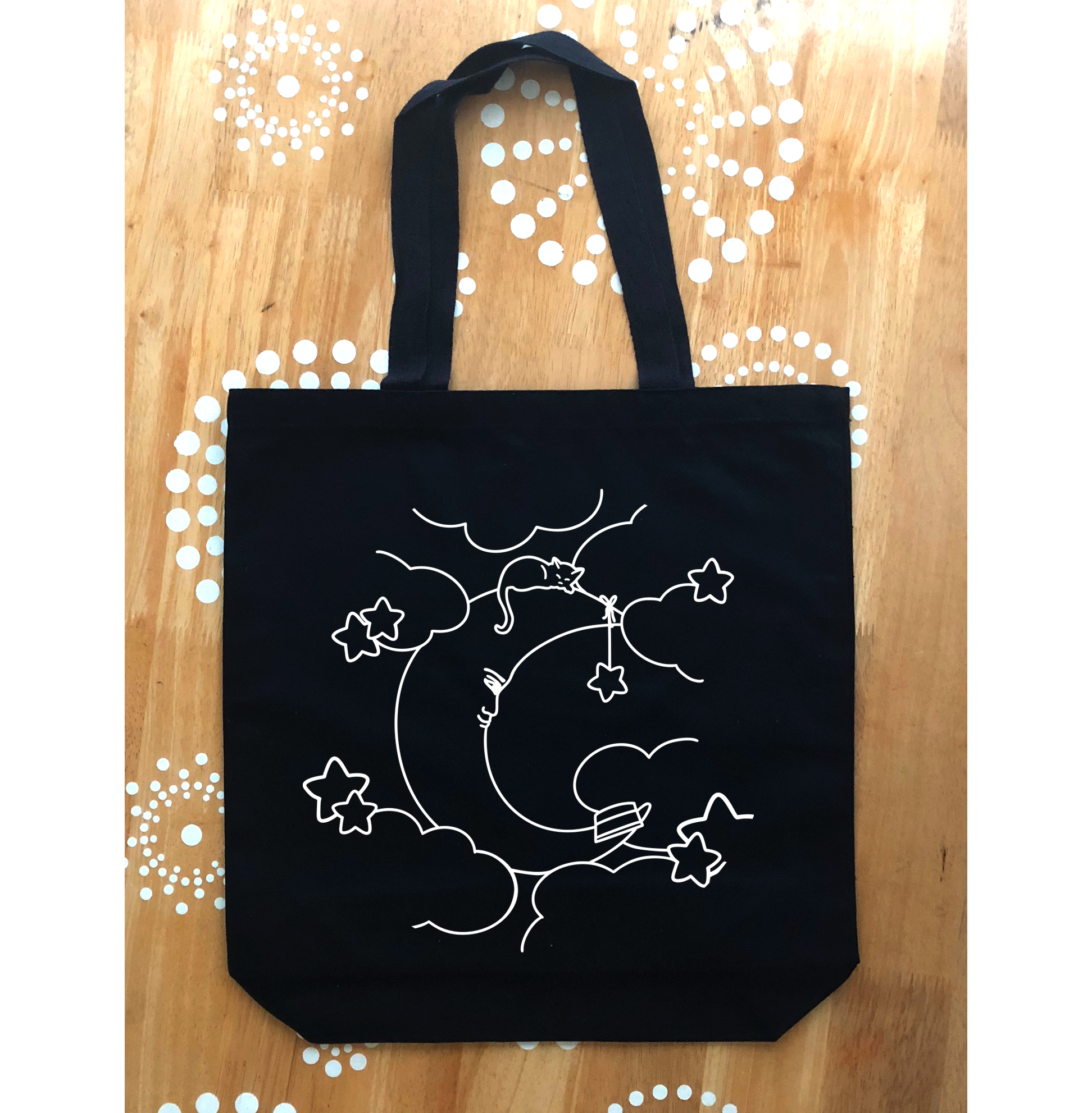 Moon with Cat Black Tote Bag