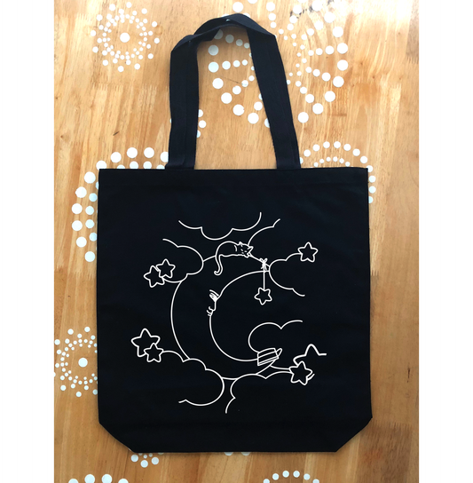 Moon with Cat Black Tote Bag