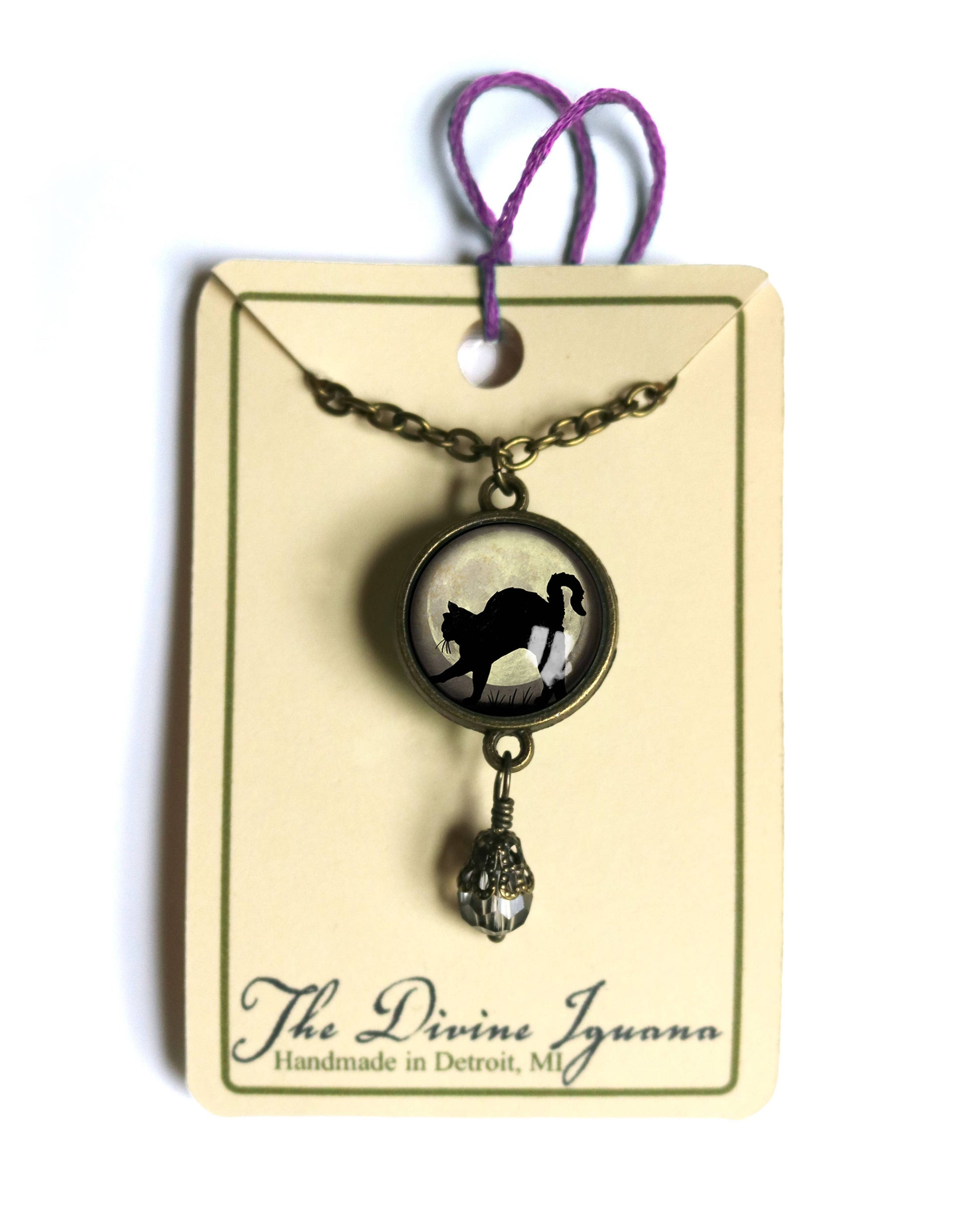 Black Cat on Grey Moon Goth Halloween Necklace w/ Bead