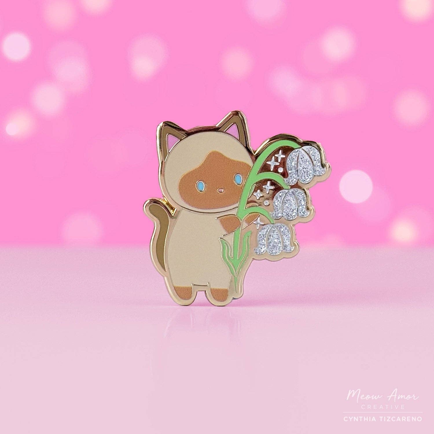 Siamese Cat Lily of The Valley Glitter Enamel Pin