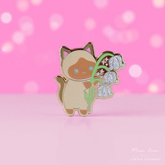 Siamese Cat Lily of The Valley Glitter Enamel Pin