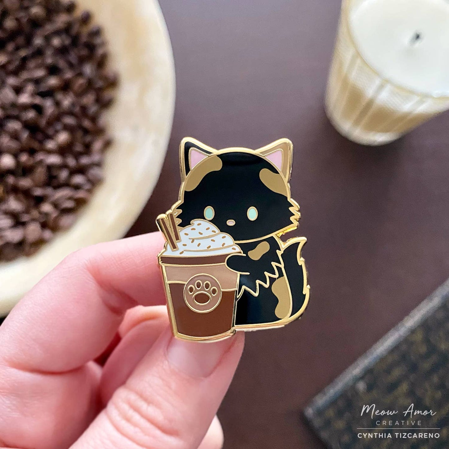 Fluffy Tortie Cat Choco Chip Coffee Enamel Pin
