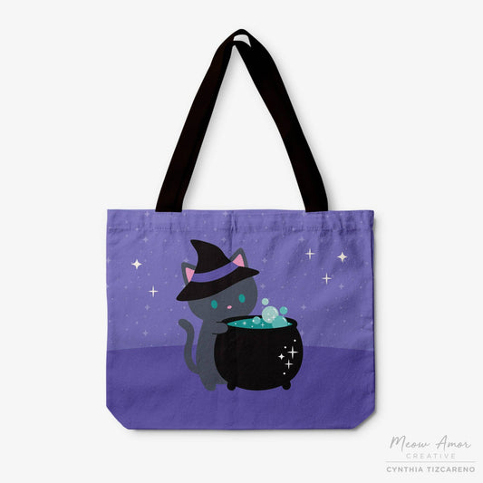 Gray Cat Cauldron Canvas Zipper Tote Bag