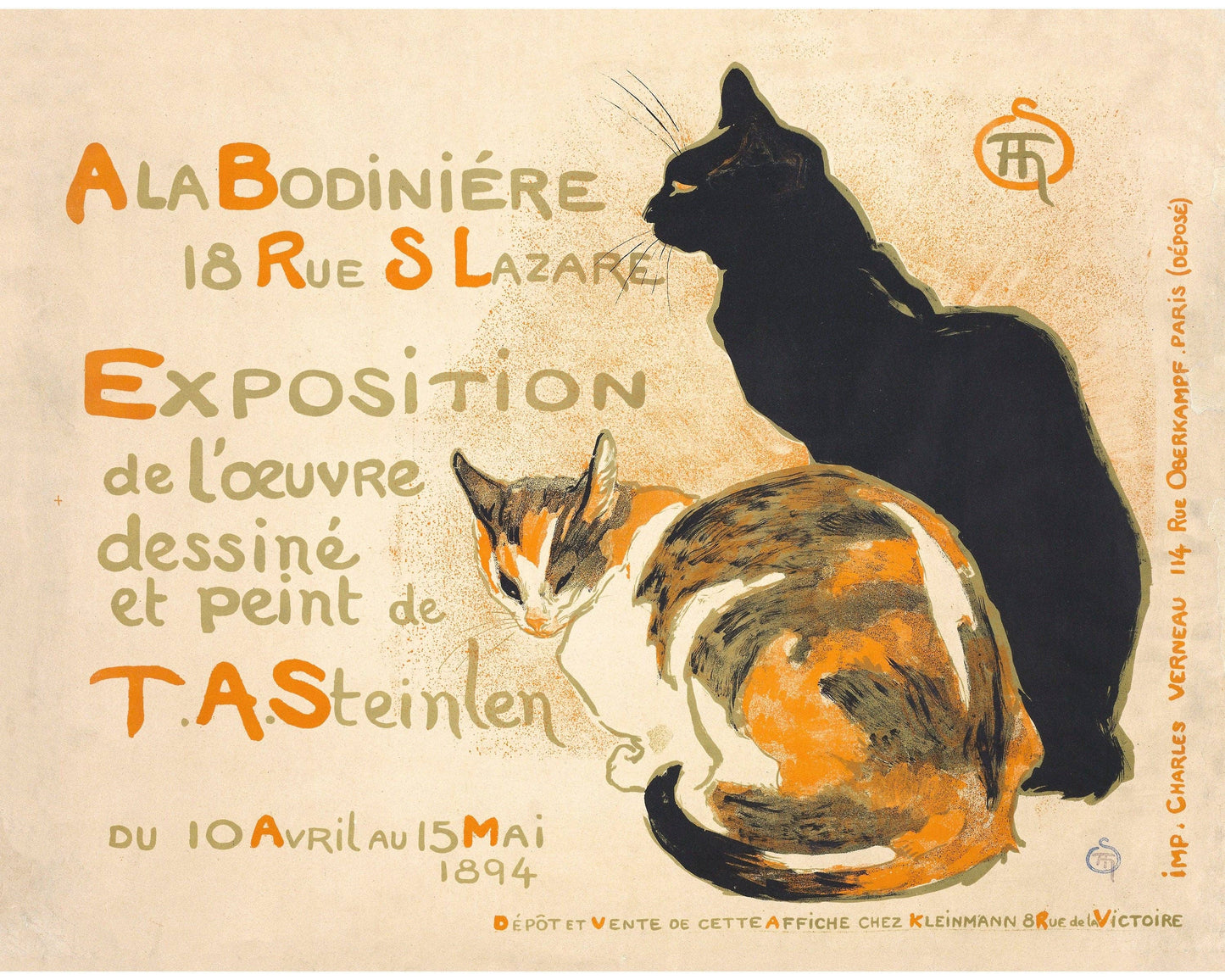 Black And Calico Cats - Vintage Art Print
