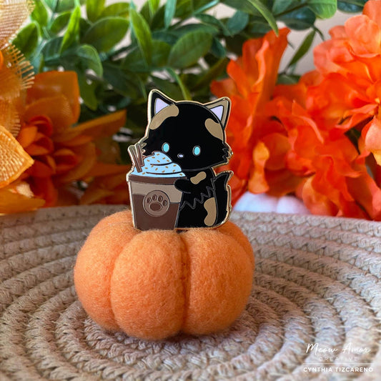 Fluffy Tortie Cat Choco Chip Coffee Enamel Pin