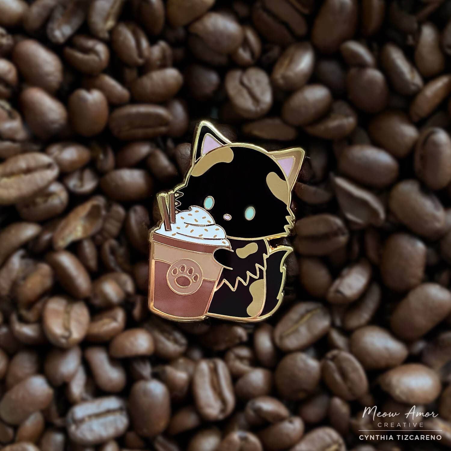 Fluffy Tortie Cat Choco Chip Coffee Enamel Pin