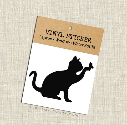 Cat with Butterfly Vinyl Laptop Water Bottle Sticker (Black)