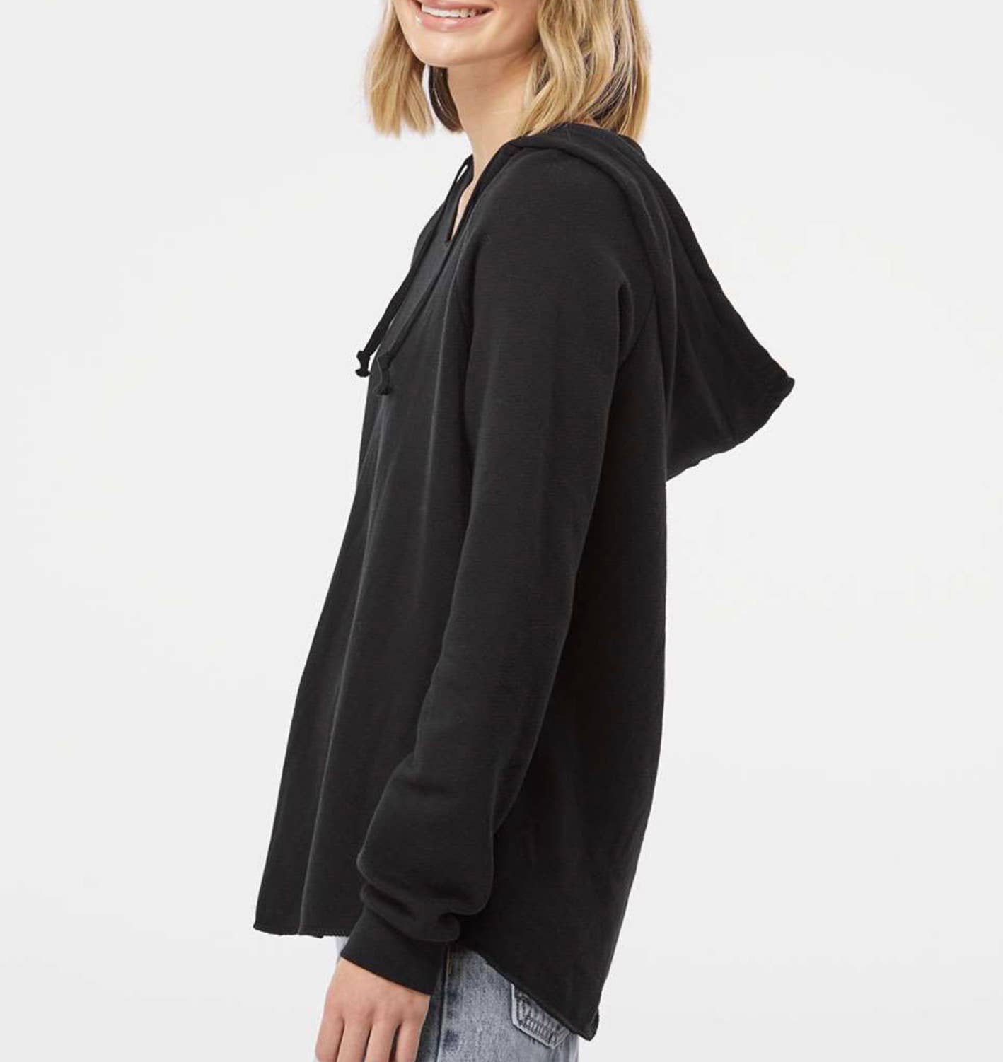 Black Fleece V-Notch Beach Pullover Hood with Cat Moon