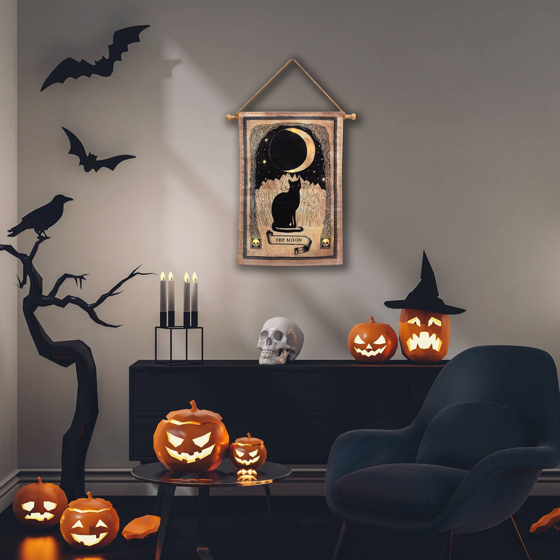 Illuminated Wall Banner - Black Cat and Moon